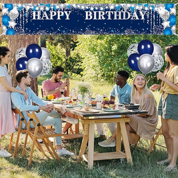 Large Blue Birthday Decorations Banner with Personalized Letter Stickers and Balloons DIY Navy Blue Silver Happy Birthday Yard Banner Custom Bday Sign for Men Women Bday Party Supplies Outdoor