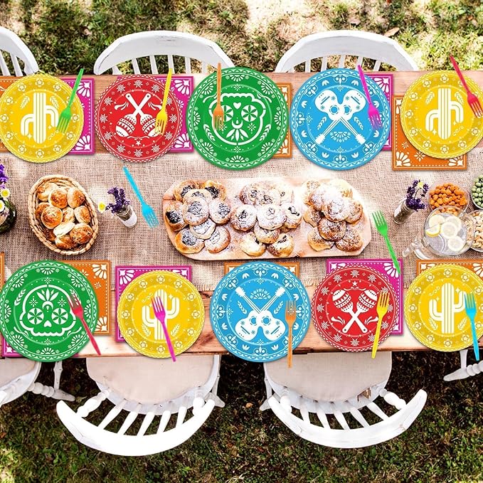 96 Pcs Mexican Fiesta Tableware 5 De Mayo Party Supplies for 24 Guests Mexican Papel Picado Disposable Plates Napkins for Party Decorations Fiesta Taco Carnival Birthday Baby Shower Favors