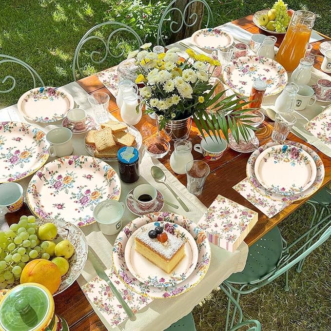 180Pcs Vintage Floral Party Supplies Paper Plates and Napkins Serve 60 Disposable Tableware Set for Birthday Party Decorations Game Day Family Holiday Sports Events