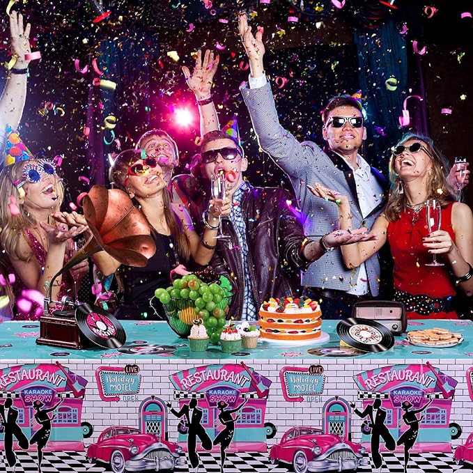 Tiamon 1 Pcs 50s Tablecloth 50's Gifts Decorations Rock and Roll Party Table Cover Large 1950's Plastic Tablecloth Back to 50's Rocking Party Supplies for Music Birthday Anniversary