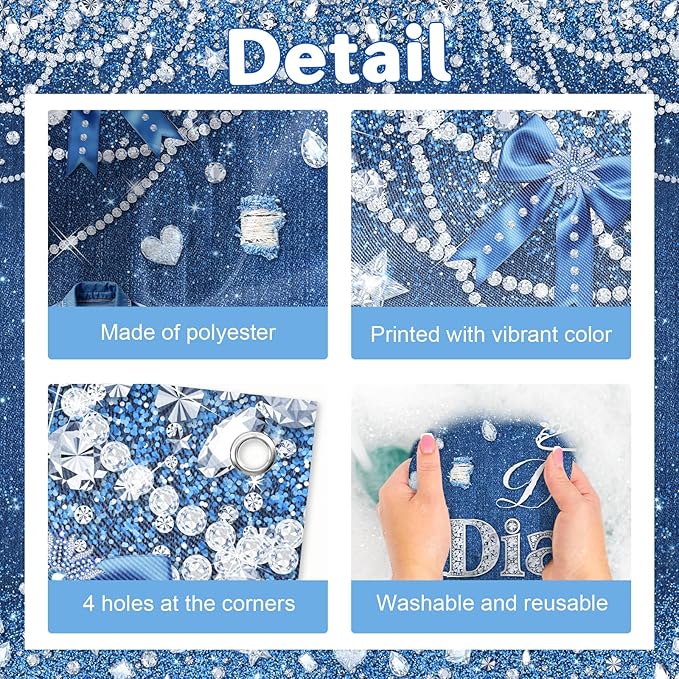 Avezano Denim and Diamonds Birthday Party Decorations Birthday Backdrop for Women Denim and Diamond Happy Bday Banner Crystal Party Supplies 6 x 3.6 ft