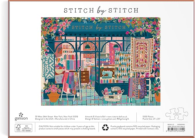 Galison Stitch by Stitch – 1000 Piece Puzzle Fun and Challenging Activity with Bright and Bold Quilting and Crafting Themed Storefront Artwork for Adults and Families