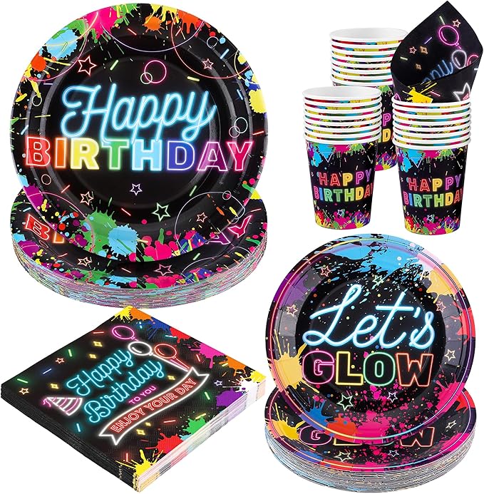 Durony 100 Piece Neon Glow Party Supplies - Glow In Dark Tableware Set Includes Paper Plates, Cups, Napkins - Neon Birthday Party Decorations - Serves 25 Guests
