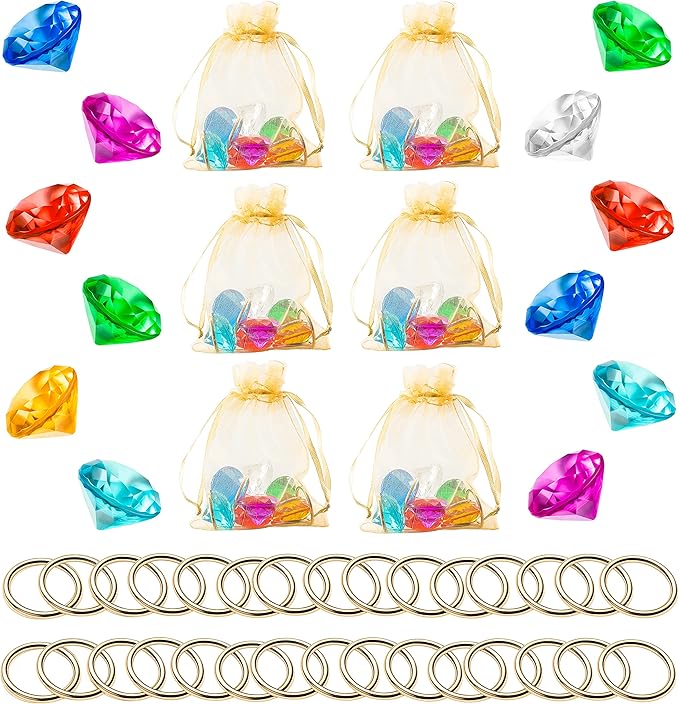 PANTIDE 78Pcs Acrylic Diamond Gems Jewels Alloy Gold Round Ring Set the Blue Hedgehog Chaos Emeralds Power Rings Party Favor Supplies Cake Decoration Pirate Treasure Chest Hunt with Bag