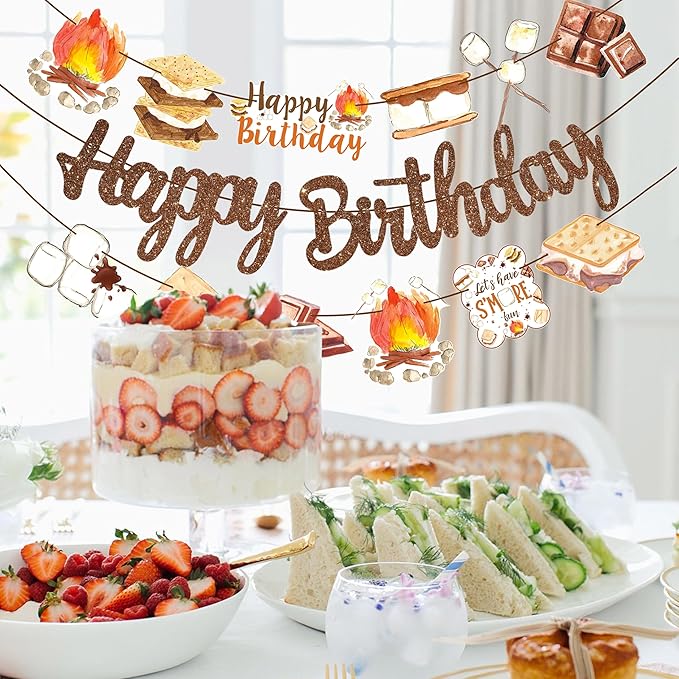 S'more Birthday Party Banners S'more Party Happy Birthday Banners Bonfire Camping Theme Hanging Decoration for Campfire Camper Birthday Party Baby Shower Supplies
