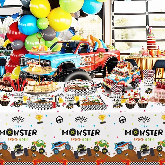 Monster Truck Birthday Decorations Tablecloth - Disposable Monster Truck Birthday Party Supplies Table Cover for Kids - 3 Pack (54in x 108in)