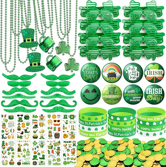 188Pcs St. Patrick's Day Accessories Party Favor Set, Necklaces, Shamrock Glasses, Mustaches, Bracelets, Badges, Tattoo Stickers, Coins for Irish Party Supplies