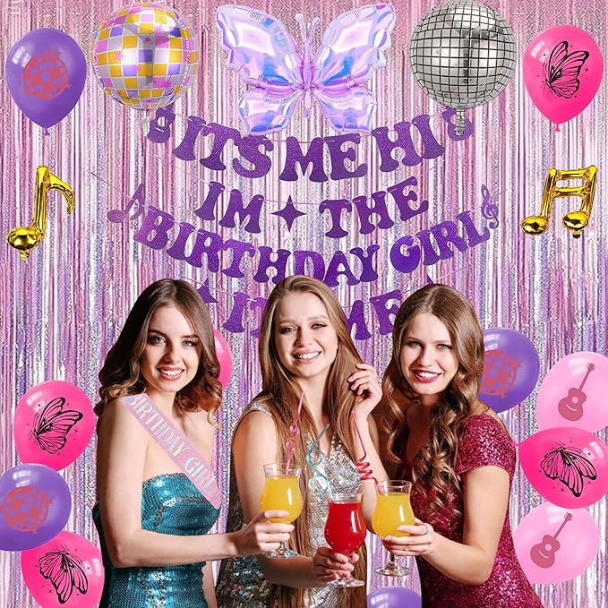 Pink Purple Music Theme Birthday Party Decorations, Its Me Hi Im The Birthday Girl Its Me Party Banner, Disco Cake Topper Sash Tablecloth for Girls Party Supplies