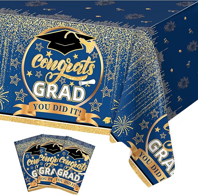 Staraise 3 Pcs Graduation Tablecloth for Graduation Decorations 2026 - Plastic Blue and Gold Congrats Grad Table Cloth,Disposable Graduations Table Cover for 2026 Grad Party Decorations,51.2x86.6inch