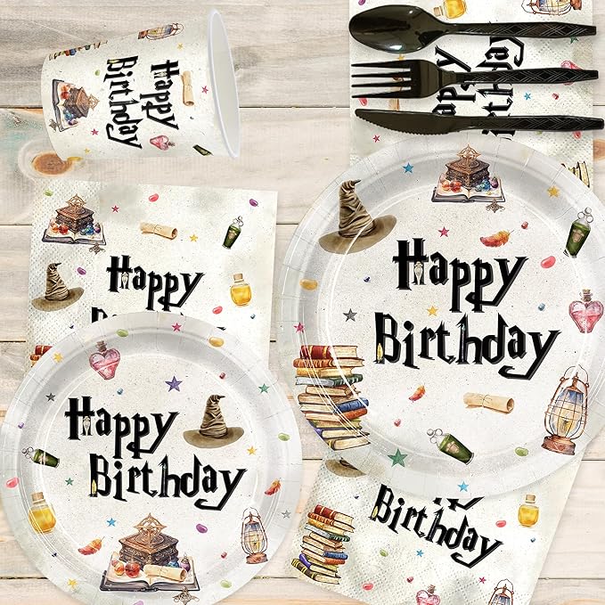 168pcs Magical Wizard Plates Napkins Birthday Party Decorations Disposable Paper Cups Tableware Set Magical Party Supplies for Kids Boys Birthday Decor 24 Guests