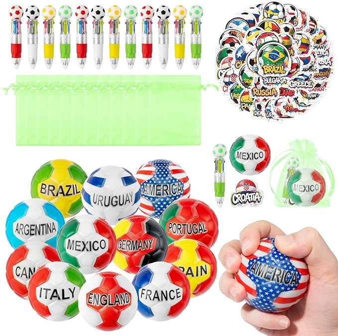 CY2SIDE 12 Pack Soccer Squeeze Toy Party Favor Gift Set with Ballpoint Pen Sticker and Organza Bag 2.5’’ Multi-Soccer Foam Stress Ball Classroom Prize for Kid Sport Lover Birthday Goodies Bag Stuffer