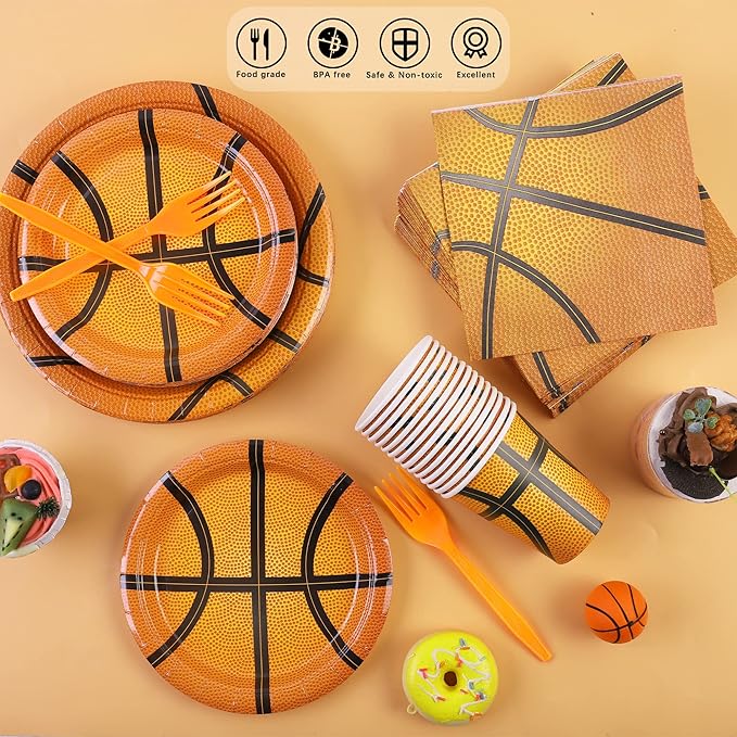 durony 144 Pieces Basketball Paper Plates and Napkins Dinnerware Kits Basketball Birthday Party Decorations Tableware Set Includes Paper Plates Napkins Forks Serve 24 for Sports Theme Party Supplies