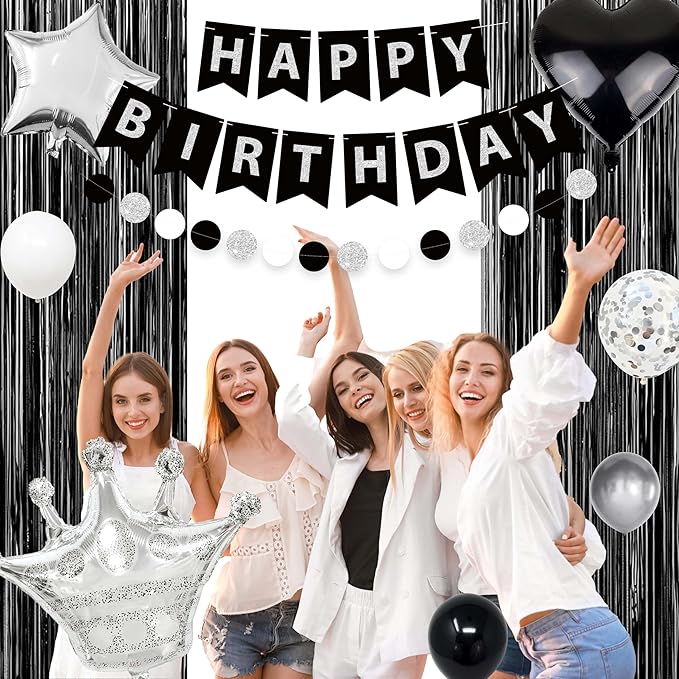 Black Silver Birthday Decorations for Men,Fringe Curtains Happy Birthday Banner,Red balloons,Cake Toppers for Boys
