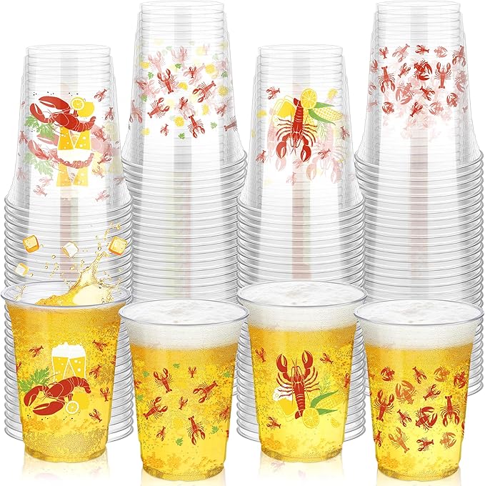 Kochorie 16 Oz Plastic Crawfish Boil Cups 120 Pcs Crawfish Party Supplies Clear Cups Plastic Drinking Cup Lobster Cups Crawfish Boil Party Cups for Lobster Seafood Party Birthday Decoration