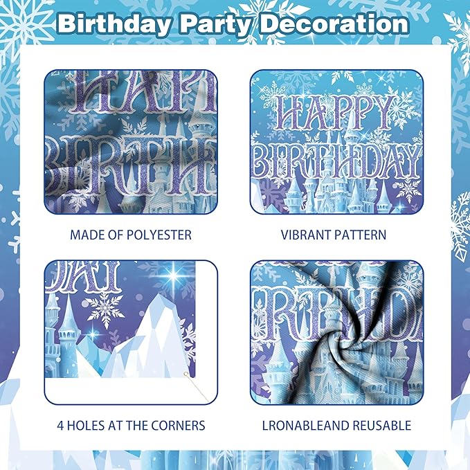 Frozen Birthday Party Decorations For Girls,Happy Birthday Backdrop,Banner,BlueBalloons,Table Cloth,Paper pom poms Party Supplies for Women