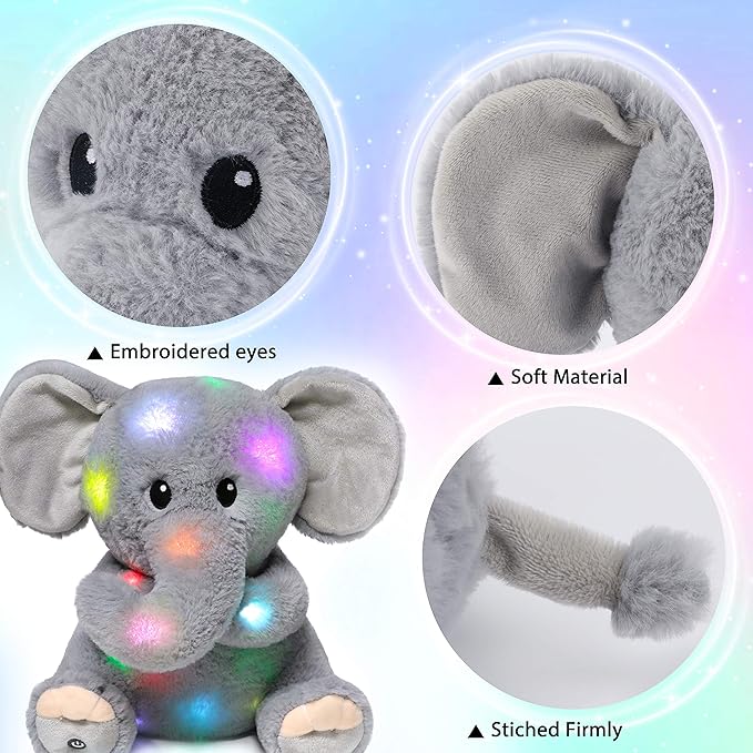Hopearl LED Plush Elephant Lighting Up Stuffed Animal Floppy Night Lights Glow in The Dark Birthday Festival for Kids Toddler Girls, Gray, 11''