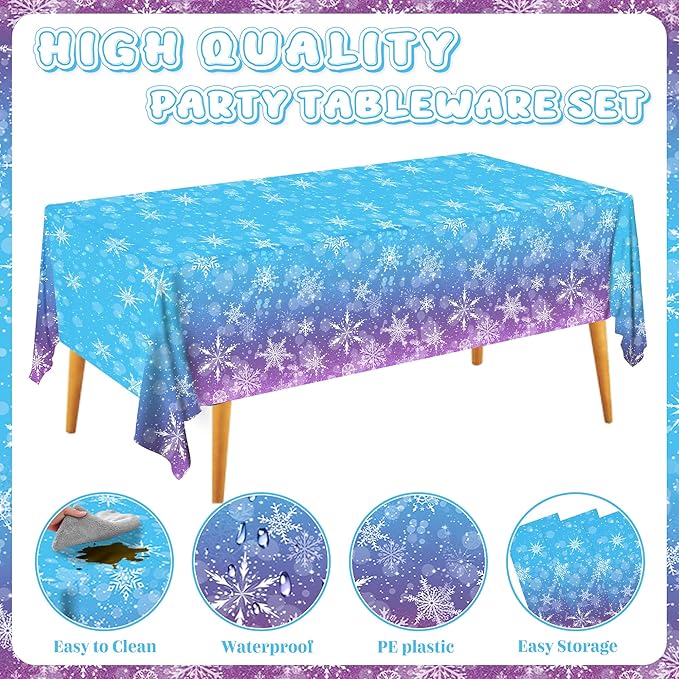 3 Winter Snowflake Plastic Tablecloth Decorations, Holographic Blue and Purple Snowflake Winter Wonderland Disposable Table Cover for Winter Holiday Birthday Decorations, 54x108 Inch