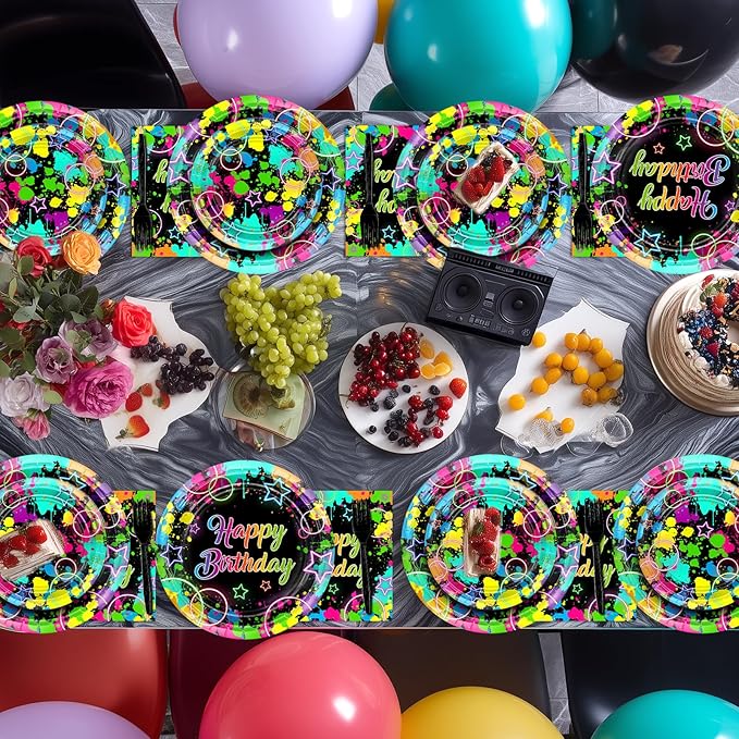 Avezano 96 PCS Neon Birthday Party Decorations Glow Neon Happy Birthday Plates Napkins Tableware Glow in the Dark Party Supplies, Serves 24