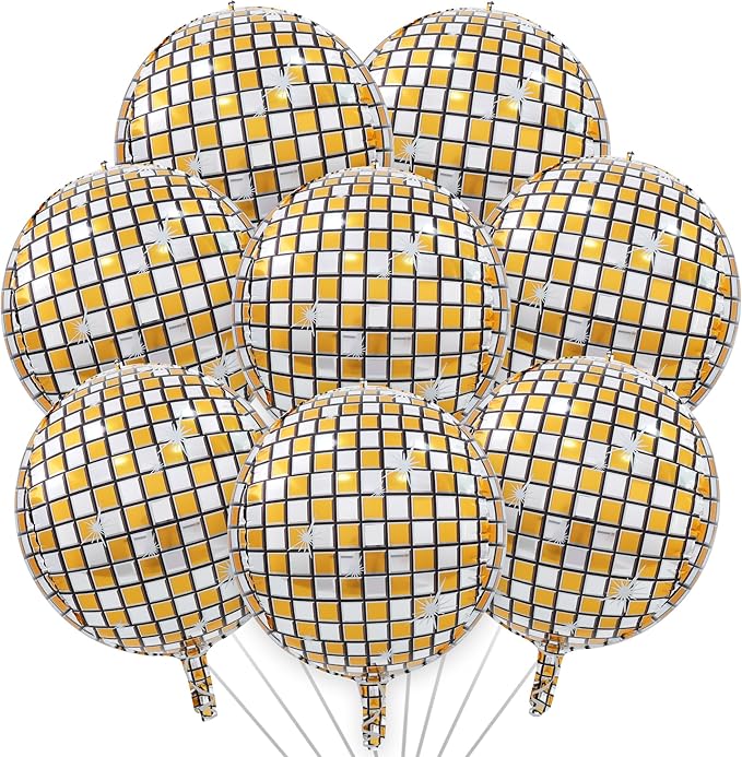 TONIFUL 8Pcs 22Inch Large Gold Disco 4D Giant Round Foil Balloon 4D Metallic Mylar Sephere Balloons for Christmas New Year Birthday Party Graduation Wedding Bridal Shower Decoration Supplies