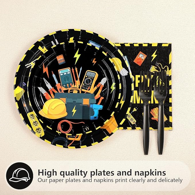 96Pcs Electrician Retirement Party Decorations Power Electrician Retired Lineman Plates and Napkins Tableware Set Wire Gloves Bulb Switch Theme Decor for Boys Man Farewell Party Supplies Serves 24