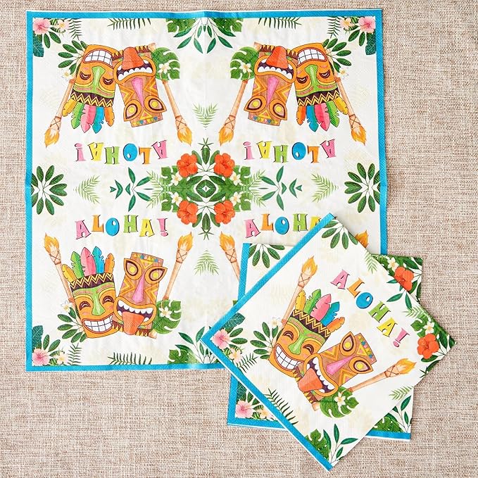 WERNNSAI Aloha Luau Plates and Napkins - Serves 50 Gusets 100PCS Hawaiian Tropical Tiki Party Supplies Disposable Tableware Set Luncheon Dinner Paper Plates Napkins for Birthday Party