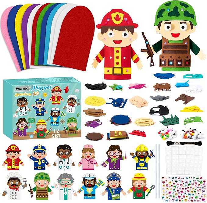 WATINC 12Pcs Hand Puppet Making Kit, Art Craft Felt Sock Puppet Toys, Creative DIY Make Your Own Pompoms Wiggle Googly Eyes Storytelling Role Play Party Supplies Gift for Girls Boys (Career)