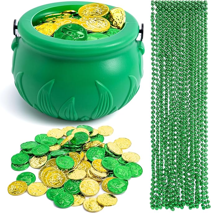 JOYIN 119 Pcs St. Patrick’s Party Supplies Set, 18 Bead Necklaces, 100 Plastic Coins and 1 Cauldron, St Patrick’s Day Party Favor Supply (Green Cauldron, Bead Necklace, Green and Gold Coins)