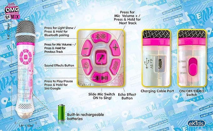 LOL Surprise Remix OMG Bluetooth Karaoke Microphone with LED Disco Party Lights, Portable Bluetooth Speaker Compatible with Apple Samsung Siri and Google Assistant, Karaoke Machine for Kids