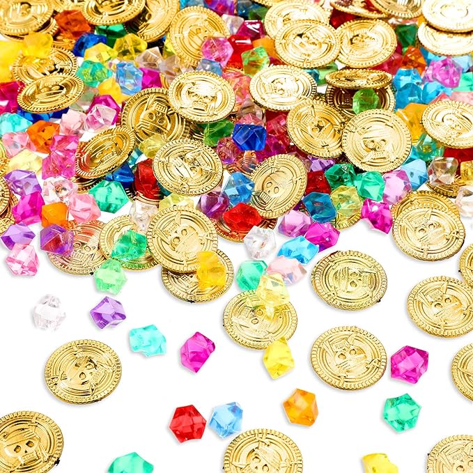Skylety Pirate Party Decoration Favors 100 Pieces Fake Pirate Treasure and 100 Pieces Gold Coins Toy Gem Jewelry Treasure Chocolate Gold Coins for Halloween Adventure Themed Event Party Supplies