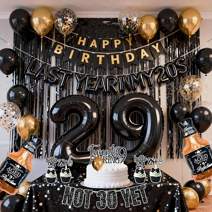 Last Year In my 20S Birthday Party Supplies for Men 29th Birthday Decorations include Balloon Banner Not 30 Yet Glitter Banner Cake Topper Cupcake Toppers Tablecloths(black and gold)
