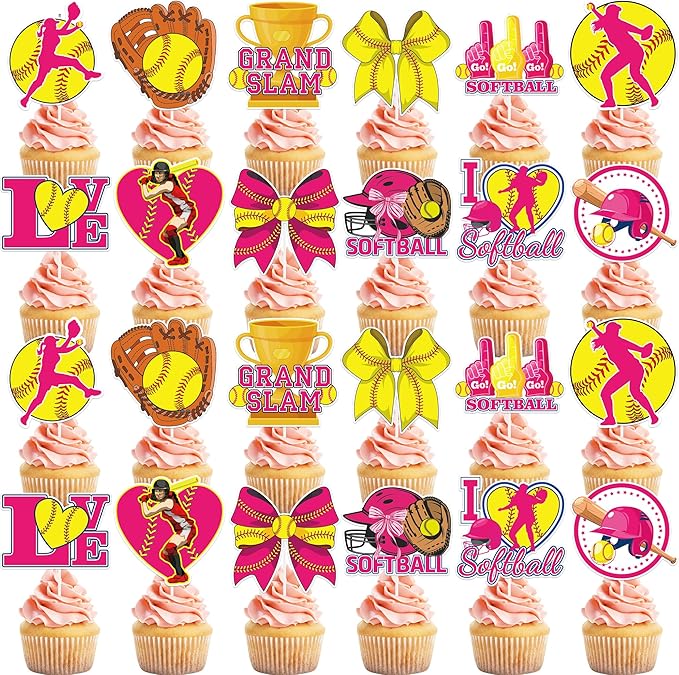 Softball Cupcake Toppers Decorations - 24 Pcs Sports Theme Birthday Cup Cake Topper Picks, Pink Yellow Baseball Sport Table Decor, Softball Holiday Party Supplies for Girls Kids Teens Women