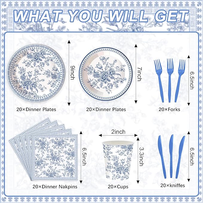 120PCS Blue Floral Plates Party Supplies for Girls Kids Blue Disposable Plates and Napkins Cups Floral Tableware Set Birthday Bridal Wedding Party Decorations