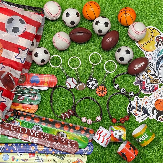 169 Pcs Sportball Party Favors Bulk 48 Pcs Sportball Stress Balls and Sport Stickers 24 Pcs Sport Keychain and Wristbands and Snap Bracelets Drawstring bags for Team Birthday Party Supplies