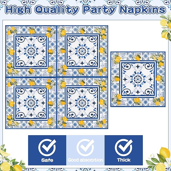 96Pcs Capri Lemon Blue Tiles Yellow Lemon Summer Citrus Fruit Party Plates Supplies Tableware Decorations Disposable Paper Plates Napkins Forks for Kids Birthday Baby Shower, Serves 24