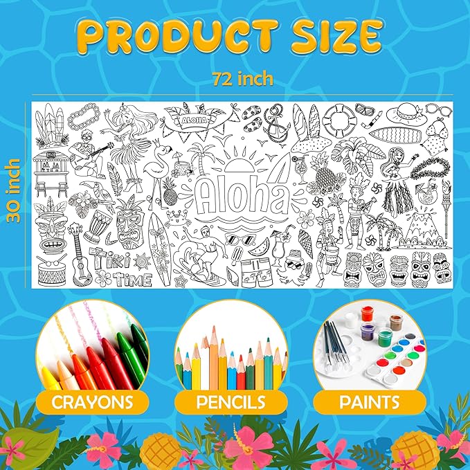 OHOME Hawaiian Giant Coloring Poster/Tablecloth - Luau Day Decorations - Jumbo Coloring Banner Crafts Gifts Activities Accessories Decor Party Decorations