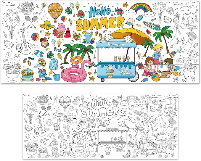 OHOME Summer Giant Coloring Poster/Tablecloth - Summer Decorations - 30 x 72 Inches Jumbo Paper Coloring Banner - Kids Crafts Gifts Toys Games Ice Cream Party Decorations - Arts Crafts Supplies