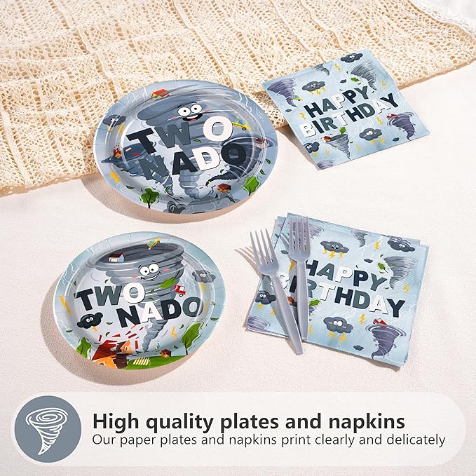 96Pcs Twonado Birthday Party Decorations Grey Tornado 2nd Birthday Plates and Napkins Disposable Tornado Paper Tableware for Boys Kids 2 Year Old Party Supplies, Serves 24