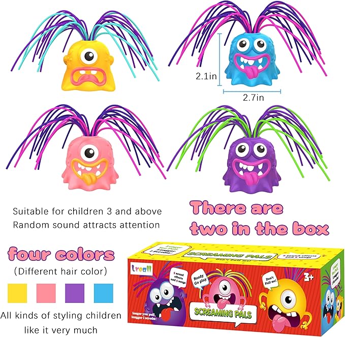 4PCS Fun Hair Pulling Fidget Scream Monster Toys, Venting Novelty Toys, Lots of Different Screams, Halloween Gifts for 3 4 5 6 7+ Kids Teen Boys Girls