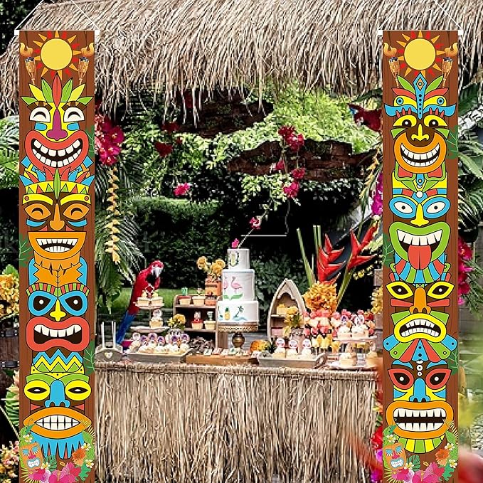 Hawaiian Luau Party Decoration Supplies, Tiki Totem Door Banner Sign for Aloha Hawaii Luau Tropical Moana Birthday Party Decorations, Tiki Decorations Outdoor