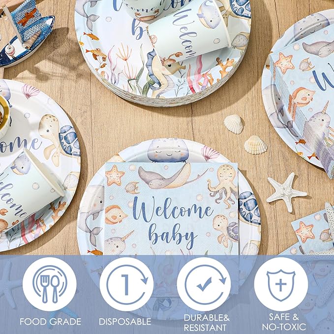 Hushee 200 Pcs Under the Sea Baby Shower Paper Plates Napkins Cups Baby Shower Party Supplies Tableware Set Disposable Cup Napkin for 50 Guest Party Decoration