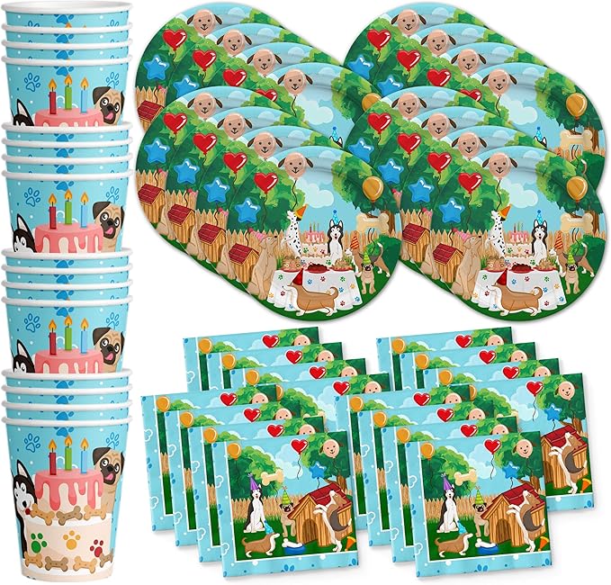 Puppy Dog Party Pups Birthday Party Supplies Set Plates Napkins Cups Kit for 16