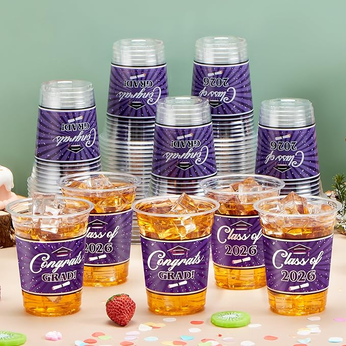 JOYIN 100 Pcs 16oz Graduation Party Plastic Cups (Purple), PET Cup Tableware Bulk for Class of 2026 Graduates, Grad Disposable Cups for 2026 High School College Graduation School Grad Party Supplies