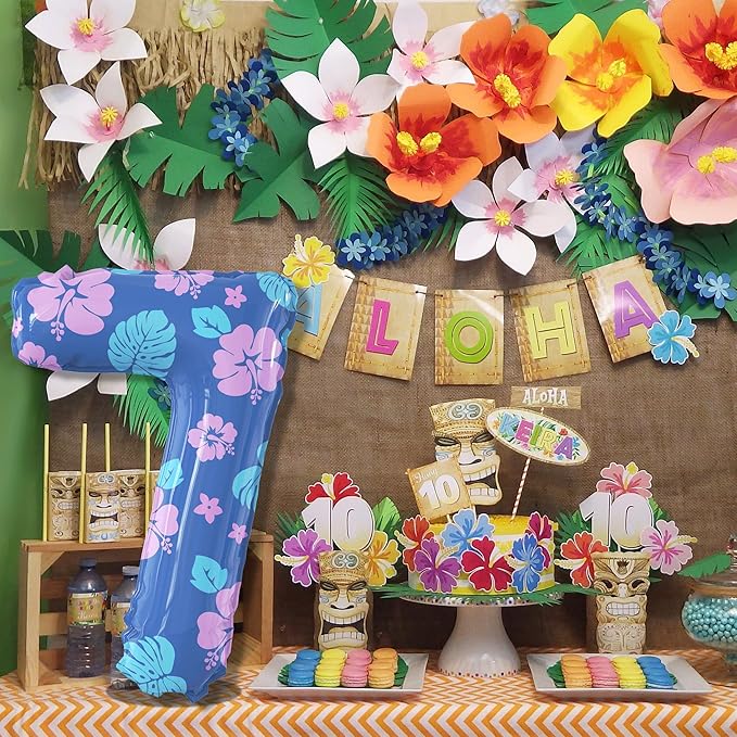 40 Inch Number 7 Balloon Leaf and Flower Birthday，7th Birthday Decorations for Kids' Parties Hawaii Party Supplies Favor Pink and Blue