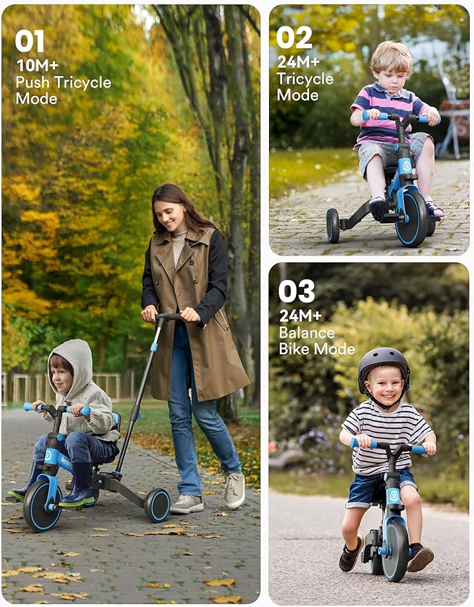 besrey 4 in 1 Toddler Bike, Toddler Tricycle for 1-3 Year Old, Trike with Push Handle, Backrest and Safety Belt, Birthday Gifts and Toys for Boys and Girls, Balance Bike (Blue)