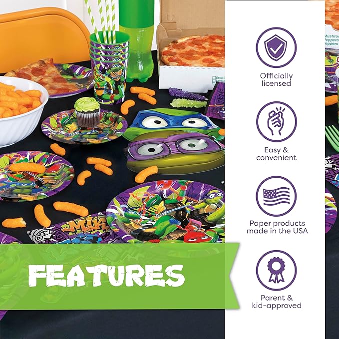Teenage Mutant Ninja Turtle Birthday Party Supplies | Serves 16 Guests | Officially Licensed | TMNT Mutant Mayhem Movie | Balloon Decorations, Plates, Napkins, Tablecloth, Forks, Button