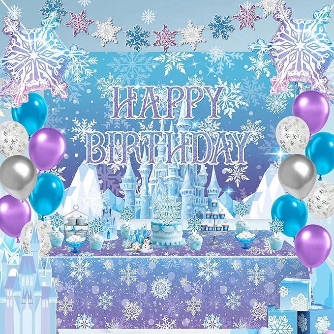 Frozen Birthday Party Decorations For Girls,Happy Birthday Backdrop,Banner,BlueBalloons,Table Cloth,Paper pom poms Party Supplies for Women