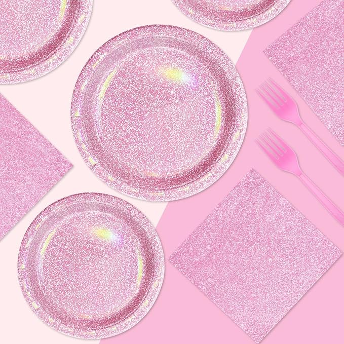 Grencian 96Pcs Pink Pastel Party Supplies Light Pink and White Plates and Napkins Tableware Set Rainbow Birthday Decorations for Girls Women Sprinkle Bride Shower Wedding Anniversary Party Serves 24