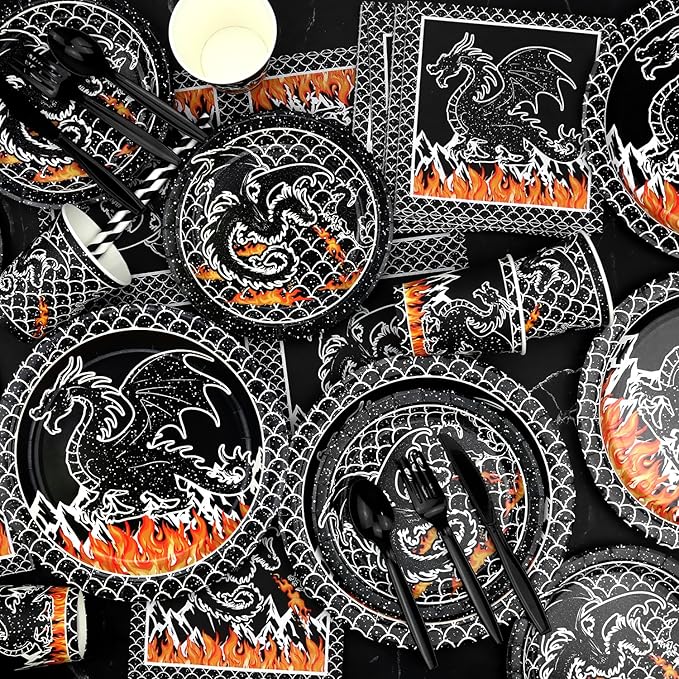 Dragon Birthday Party Decoration ,Including Happy Birthday Party Banner, Dinner Plates, Dessert Plates, Cups, Napkins, Tablecloth, Balloons, Straws, for Dragon Theme Party Supplies 20 Guest (A)
