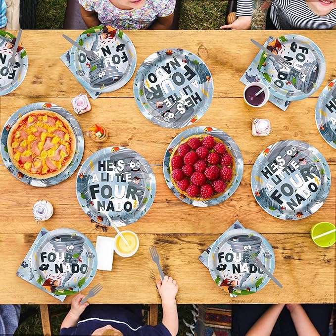 96Pcs Fournado Birthday Party Decorations 4th Birthday Boy Plates and Napkins Disposable He is a Little Four Nado Four Nado Tableware for Boys Kids 4 Year Old Party Supplies, Serves 24