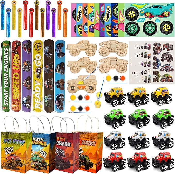 96pcs Truck Party Favors, Car Themed Birthday Party Supplies Including Truck Toys Slap Bracelets Bubble Wands DIY Stickers Painting Kits, Birthday Decorations Classroom Rewards for Kids